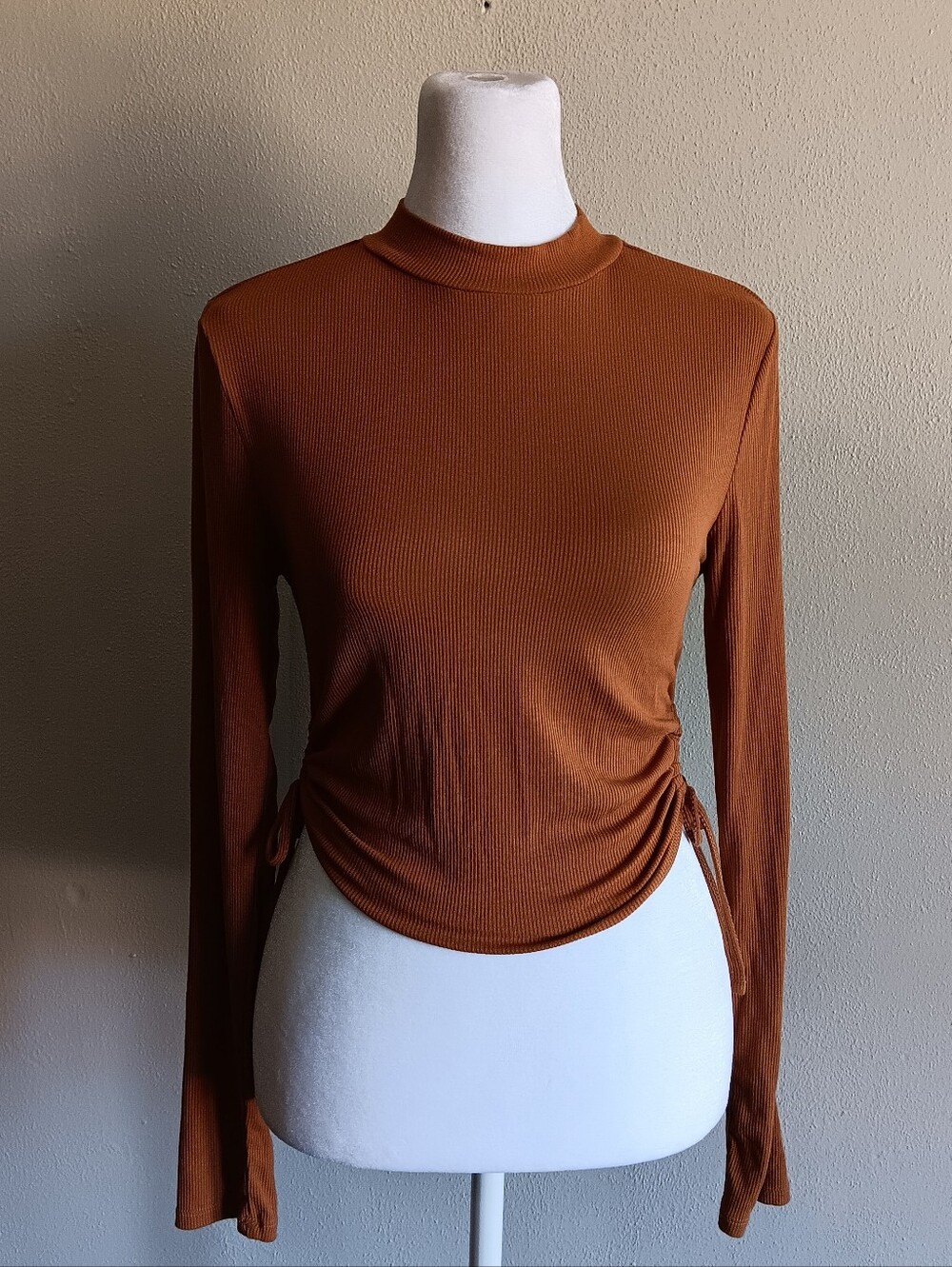Brown Long Sleeve Cropped Ruched Ribbon Side Top, David Ryan Medium